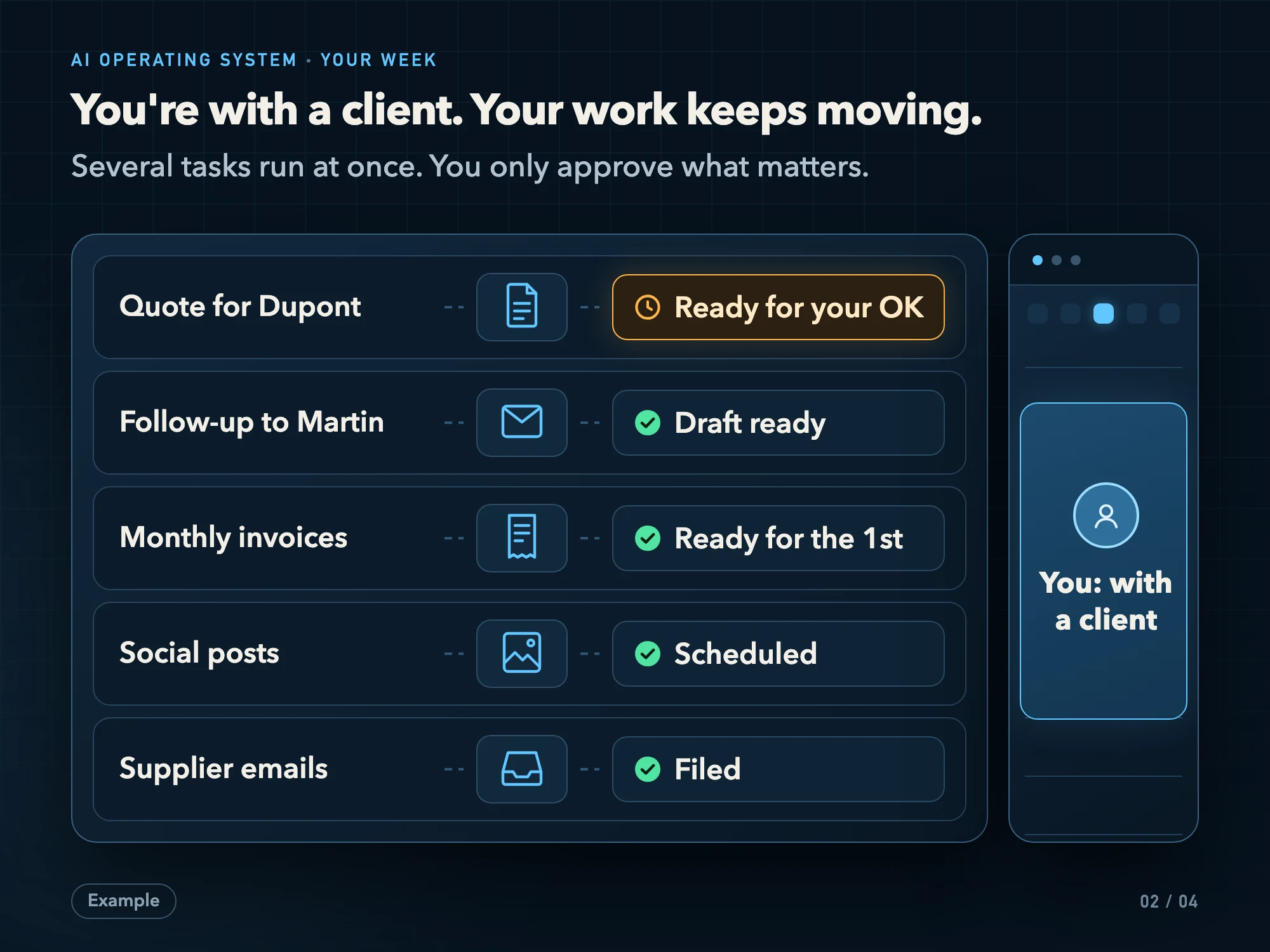 You're with a client. Your work keeps moving.