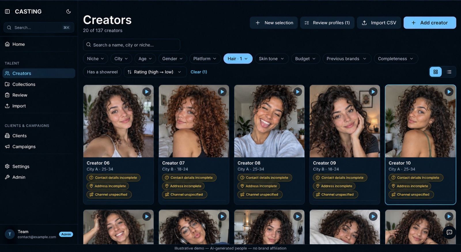 Creator search, filtered by niche, city, age and platform