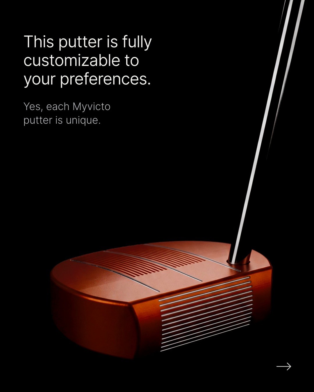 Instagram carousel cover: an orange putter in a black studio, headline about customization
