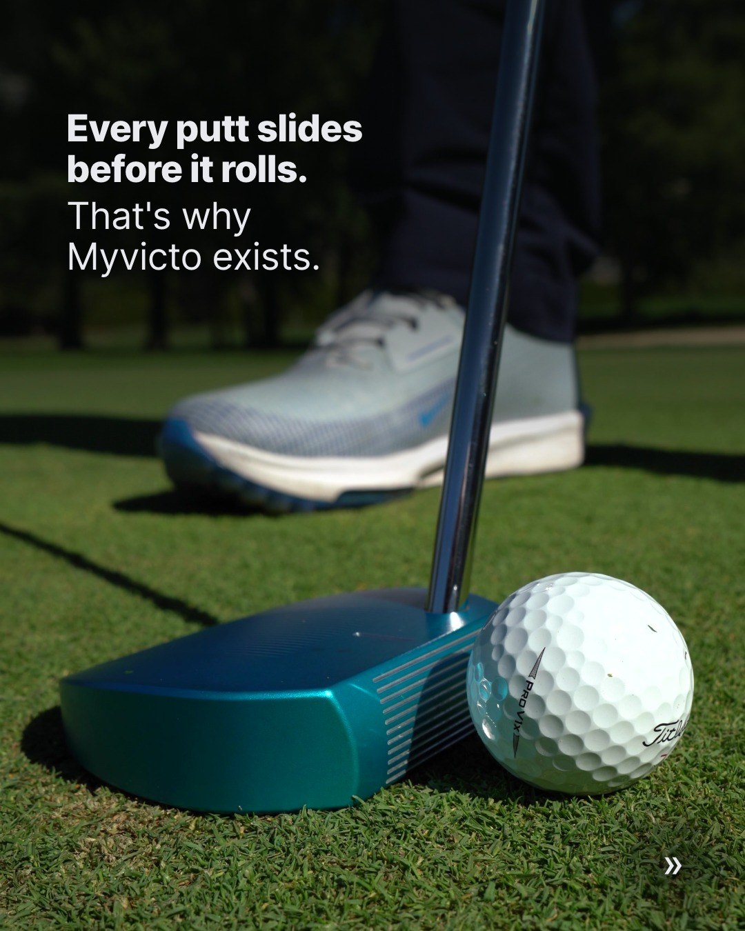 Instagram carousel cover: a blue putter and ball on the green