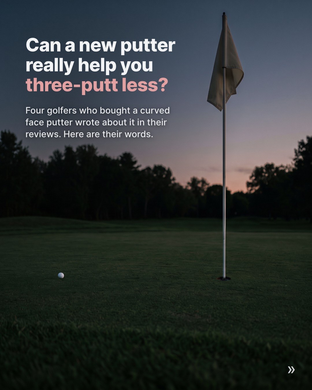 Instagram reviews carousel cover: golf course at dusk with a colored keyword
