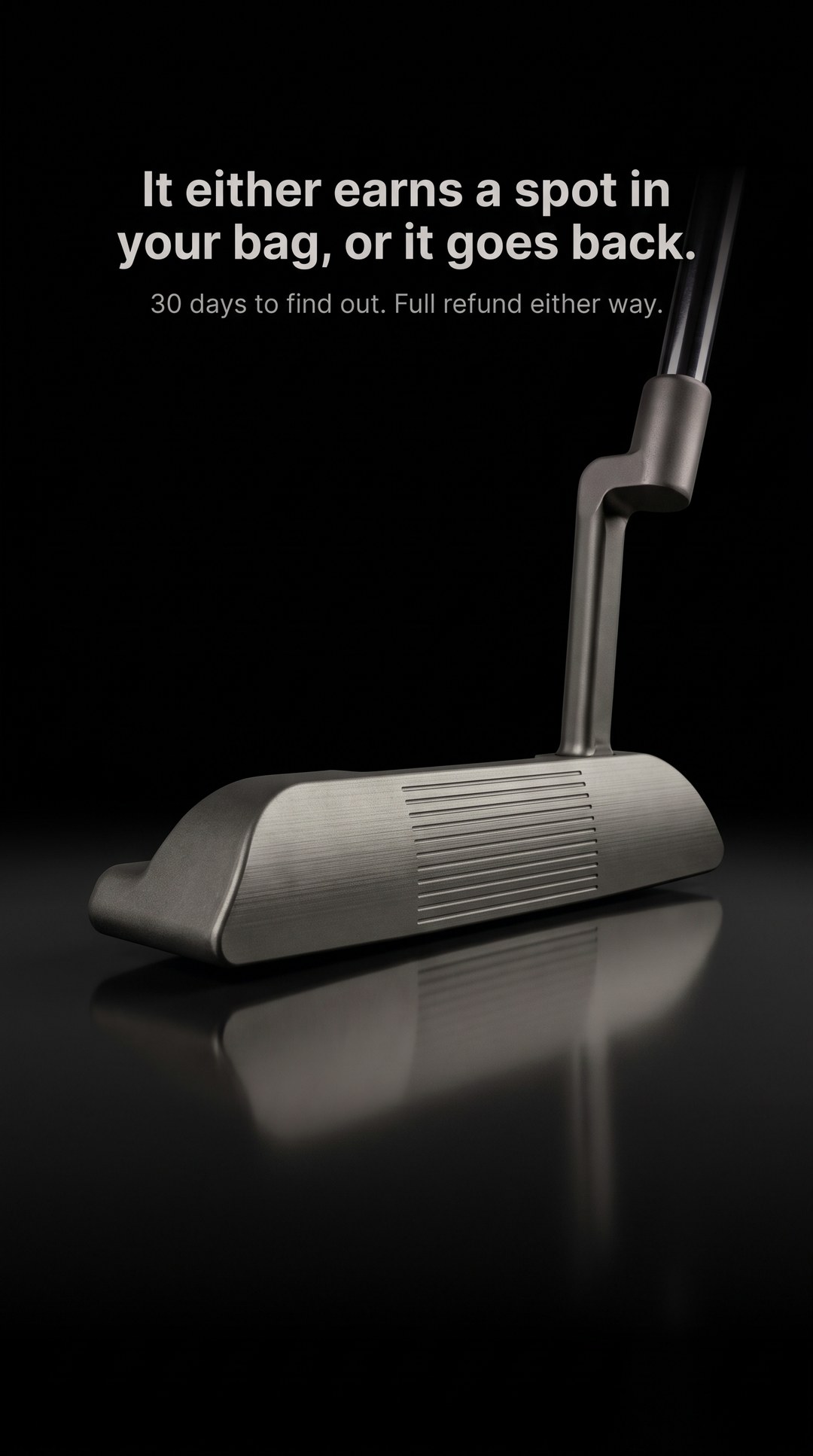 Static Meta ad: a putter in a black studio with the guarantee message