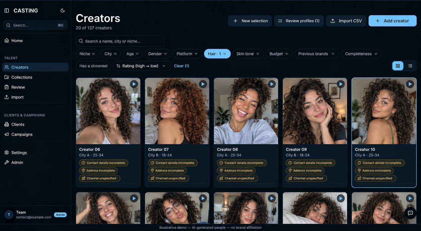 Creator search, filtered by niche, city, age and platform