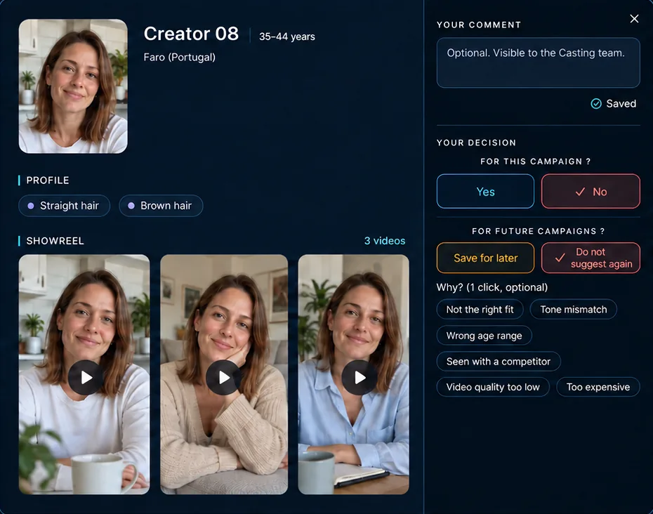 Creator profile with videos and the client decision