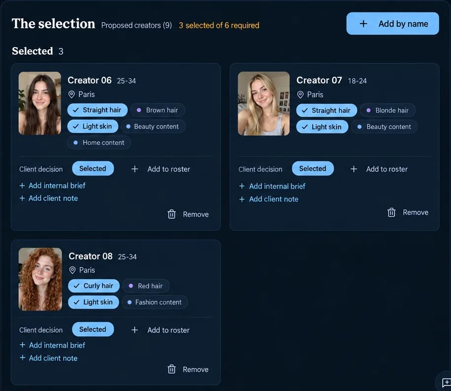 Agency view of what the client selected