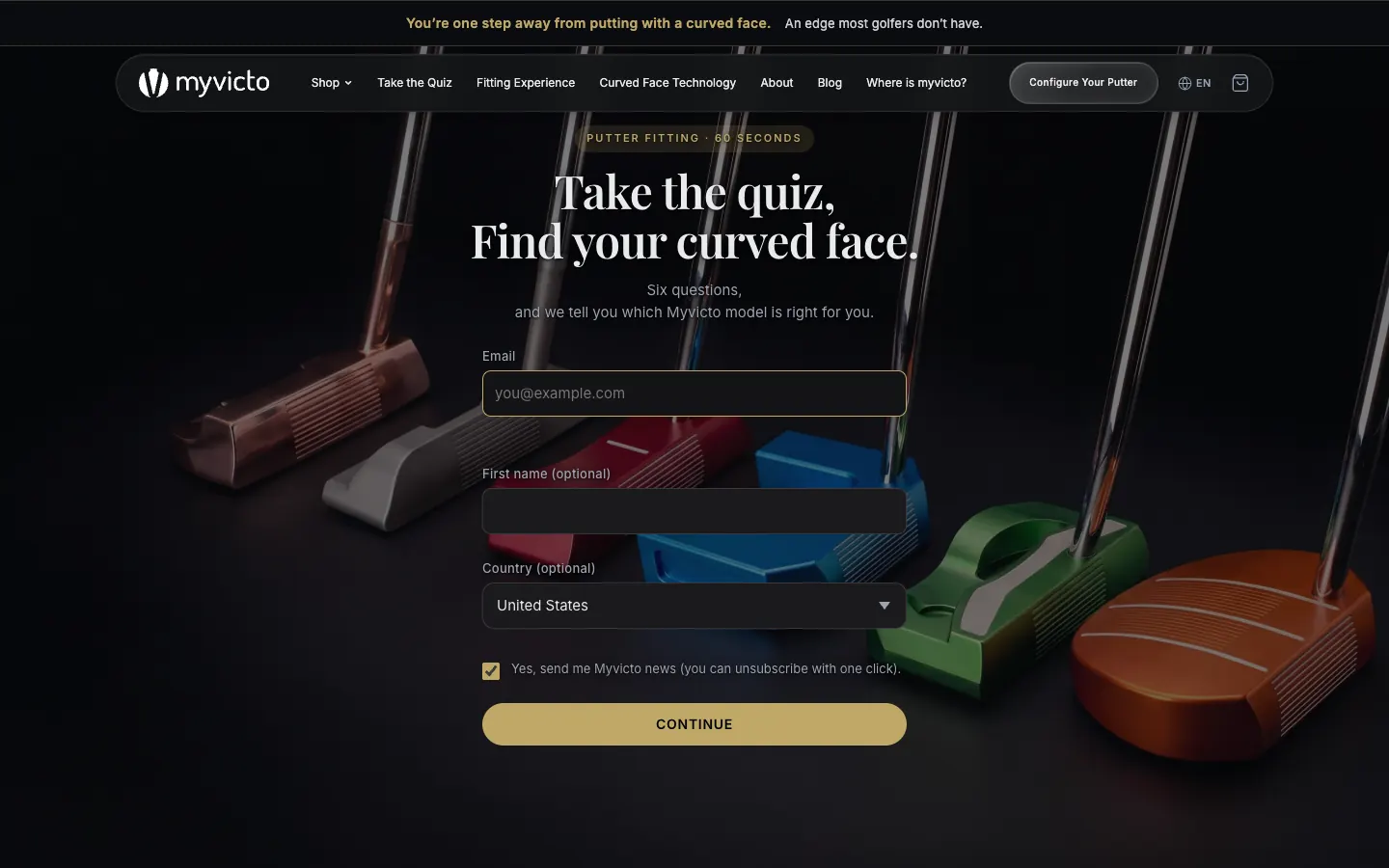 Putter fitting quiz, start screen