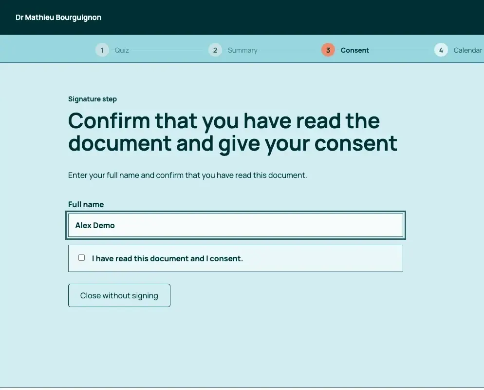 Consent form signed online by the patient