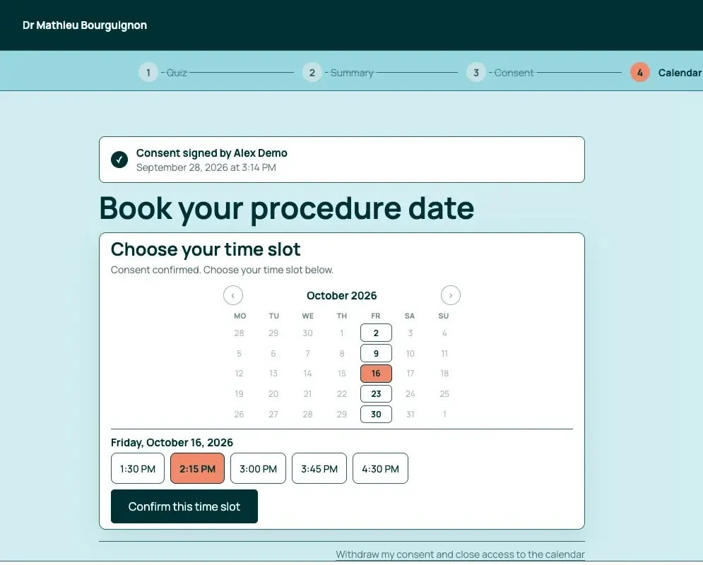 Patient picks a date in the practice calendar